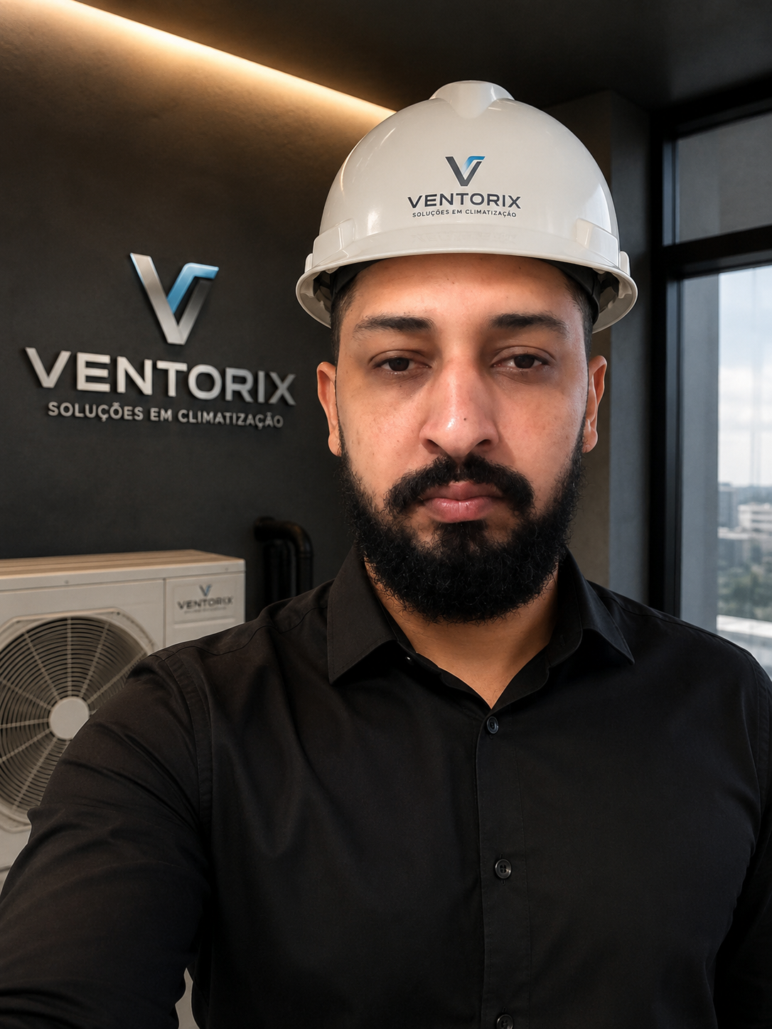 Técnico da Ventorix Soluções em Climatização com capacete de segurança ao lado de uma unidade condensadora