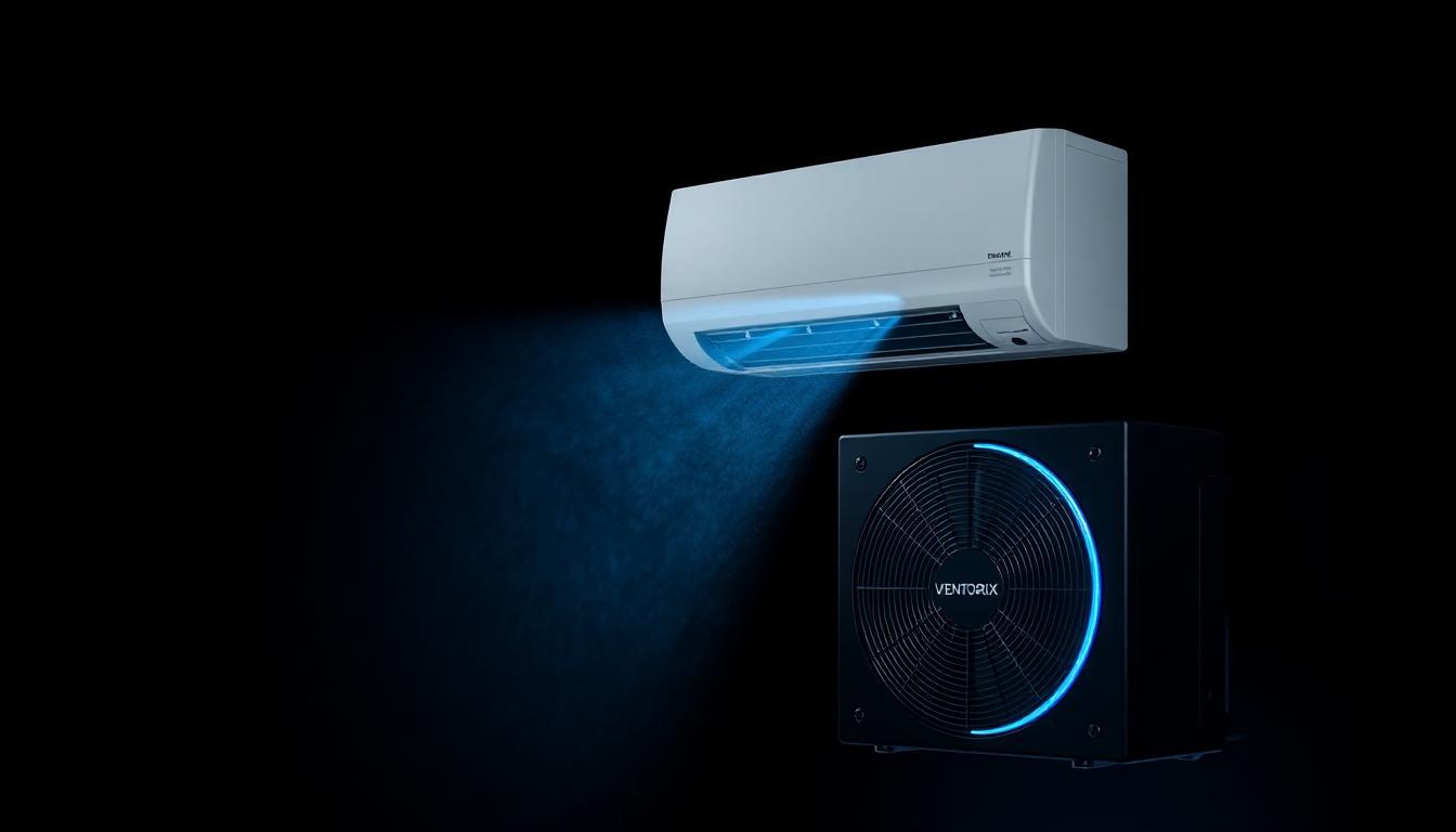Ar-condicionado Ventorix liberando névoa gelada em fundo preto com logo metálico azul